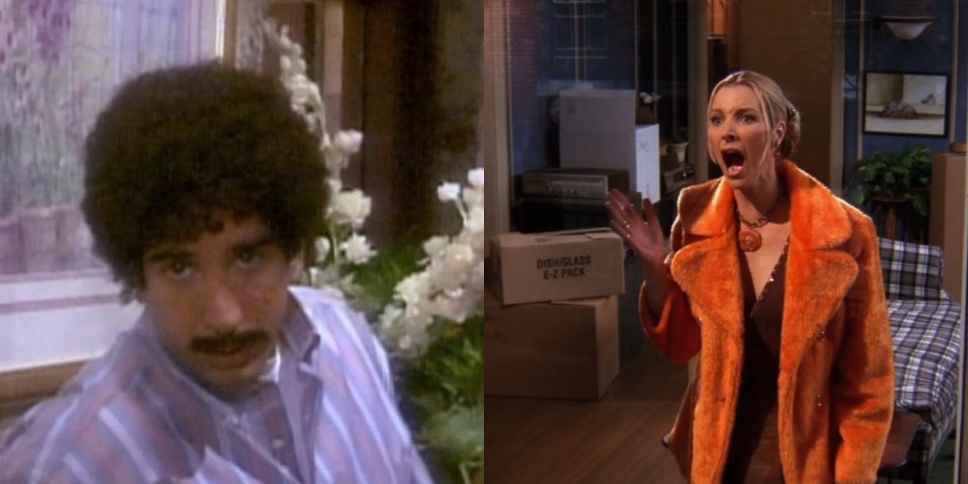 Side by side images of Ross with a moustache and Phoebe yelling in Friends