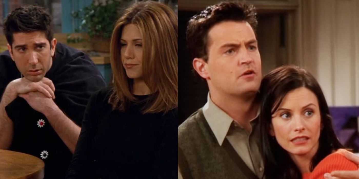 Split image of Ross fighting with Racel and Monica hugging Chandler in Friends