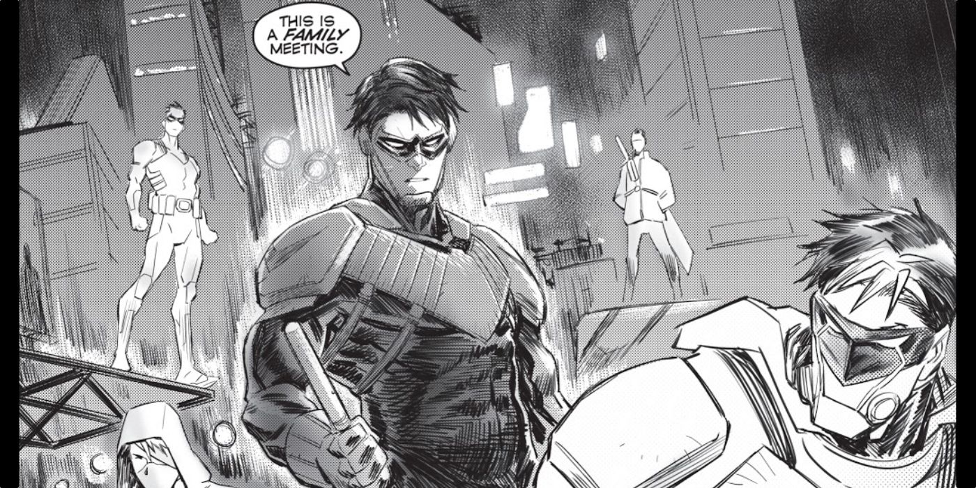 Nightwing throwing Red Hood out of a meeting