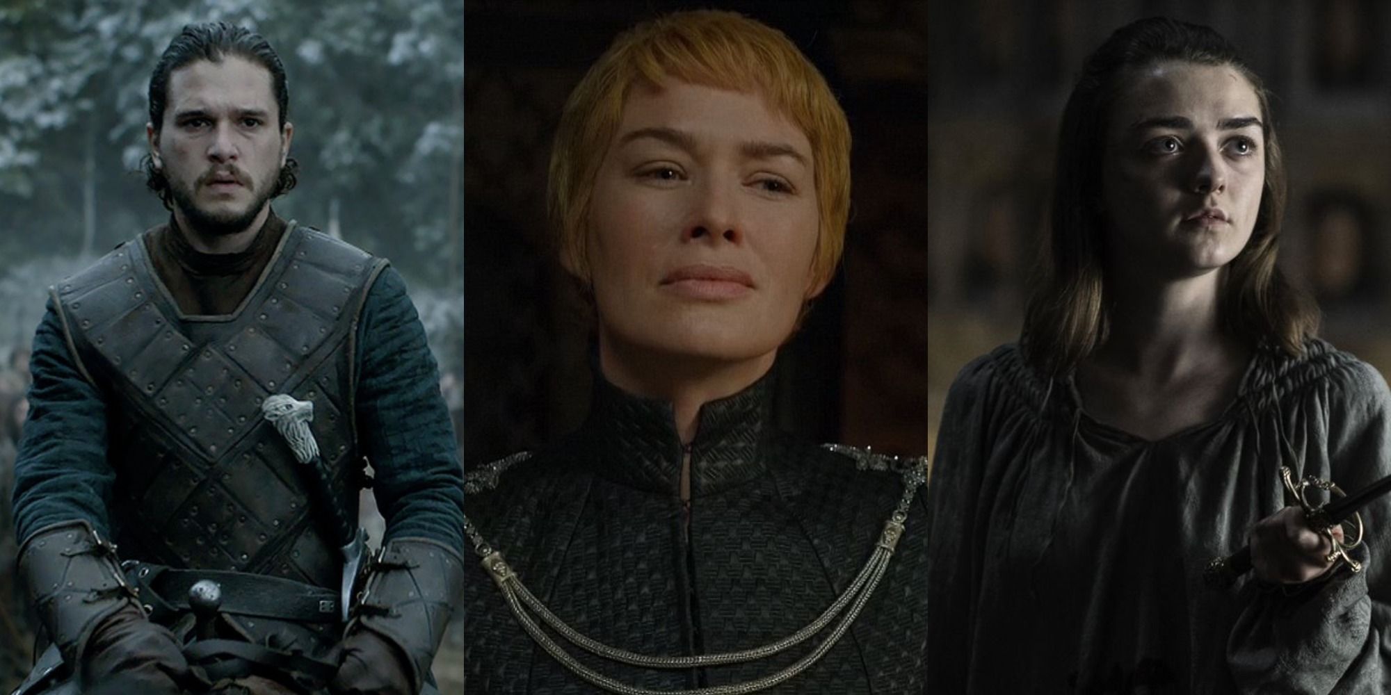 Split image depicting Jon Snow on a horse, Cersei Lannister smiling, and Arya Stark wielding Needle