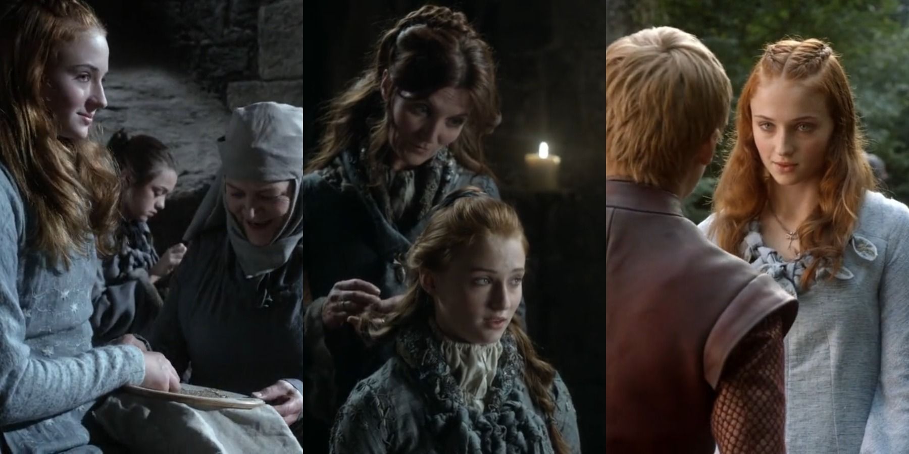 Game Of Thrones Sansa Stark with her maid doing needlework; Caitlin doing her hair; Sansa talking to Joffrey