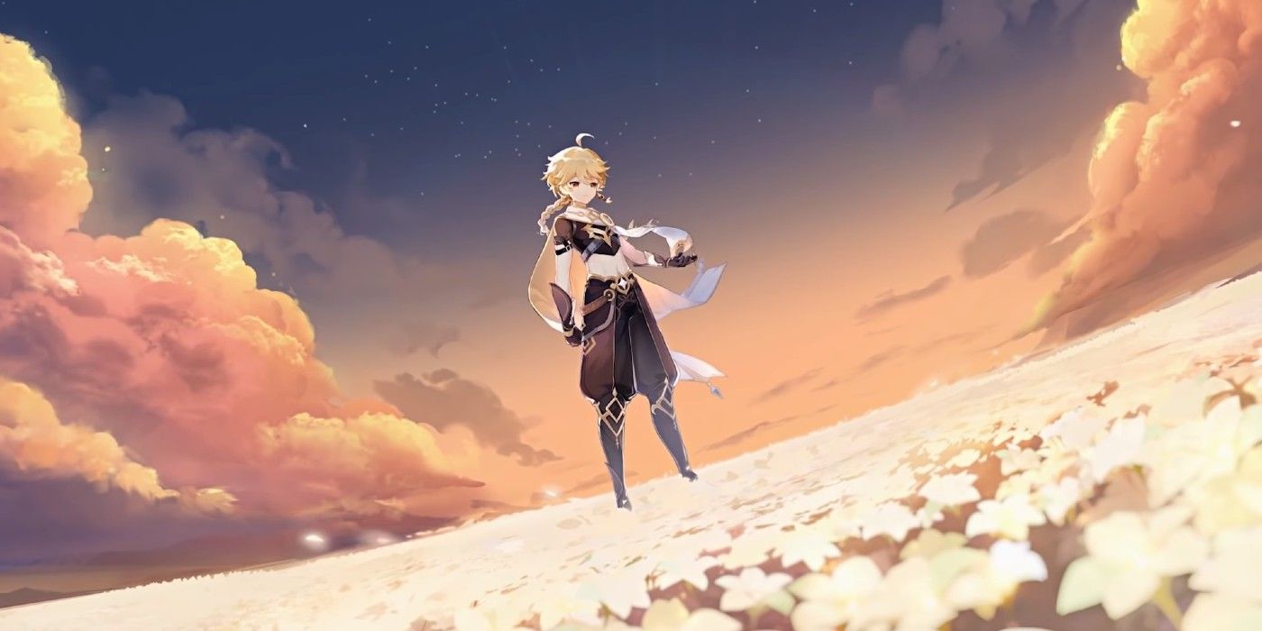 Genshin Impact's male Traveler stands in a field of white flowers, while clouds gather around him at sunset.