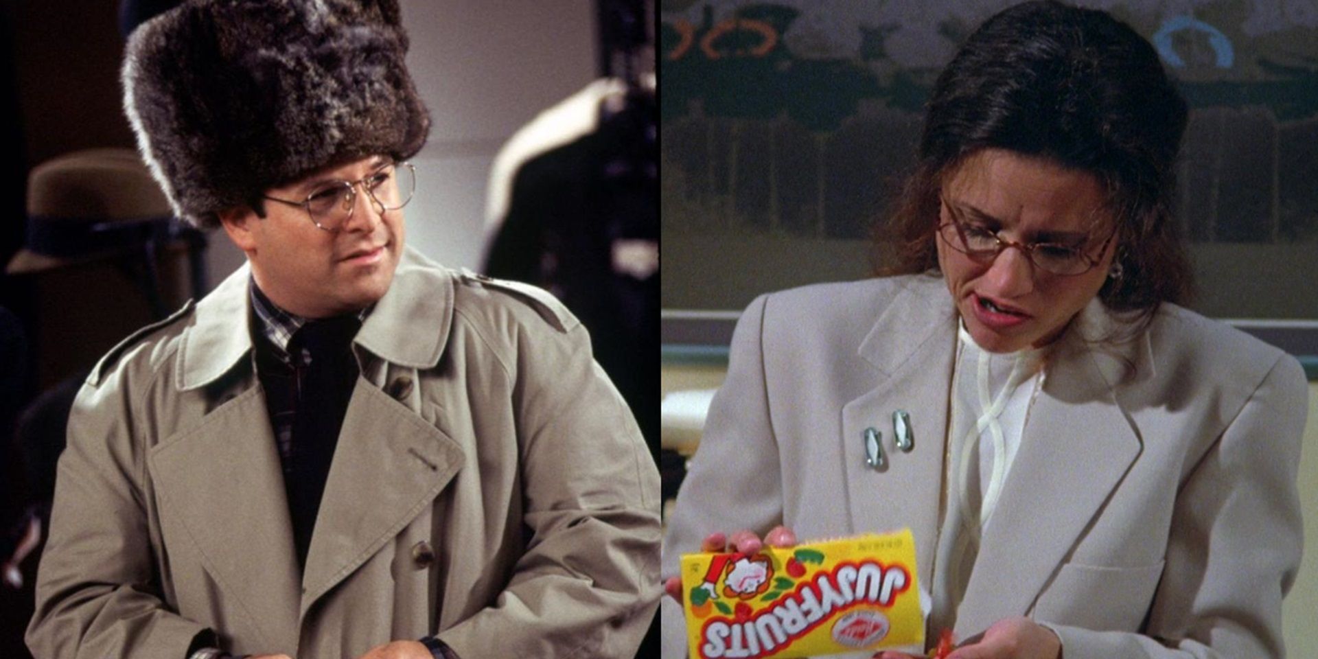 Split image of George in a big hat and Elaine eating snacks