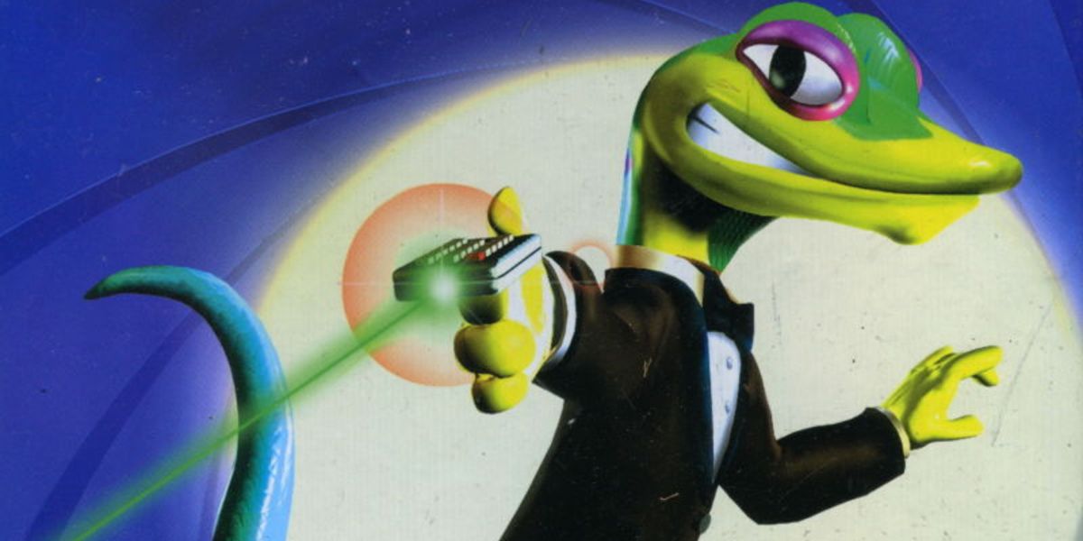 Gex parodying the James Bond intro on Gex Enter The Gecko cover art