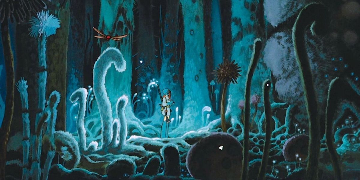 Nausicaa stands in the forest in Nausicaa of the Valley of the Wind.