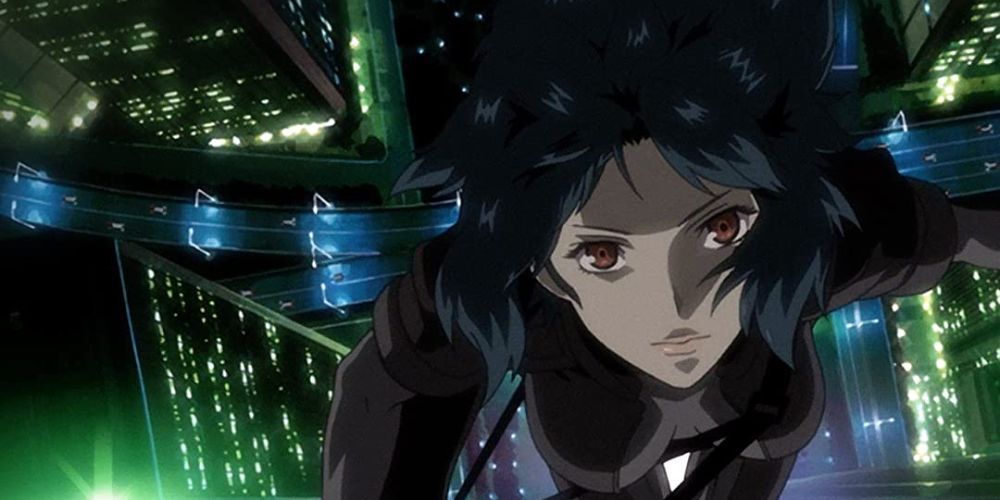 Motoko above the neon city in Ghost in the Shell