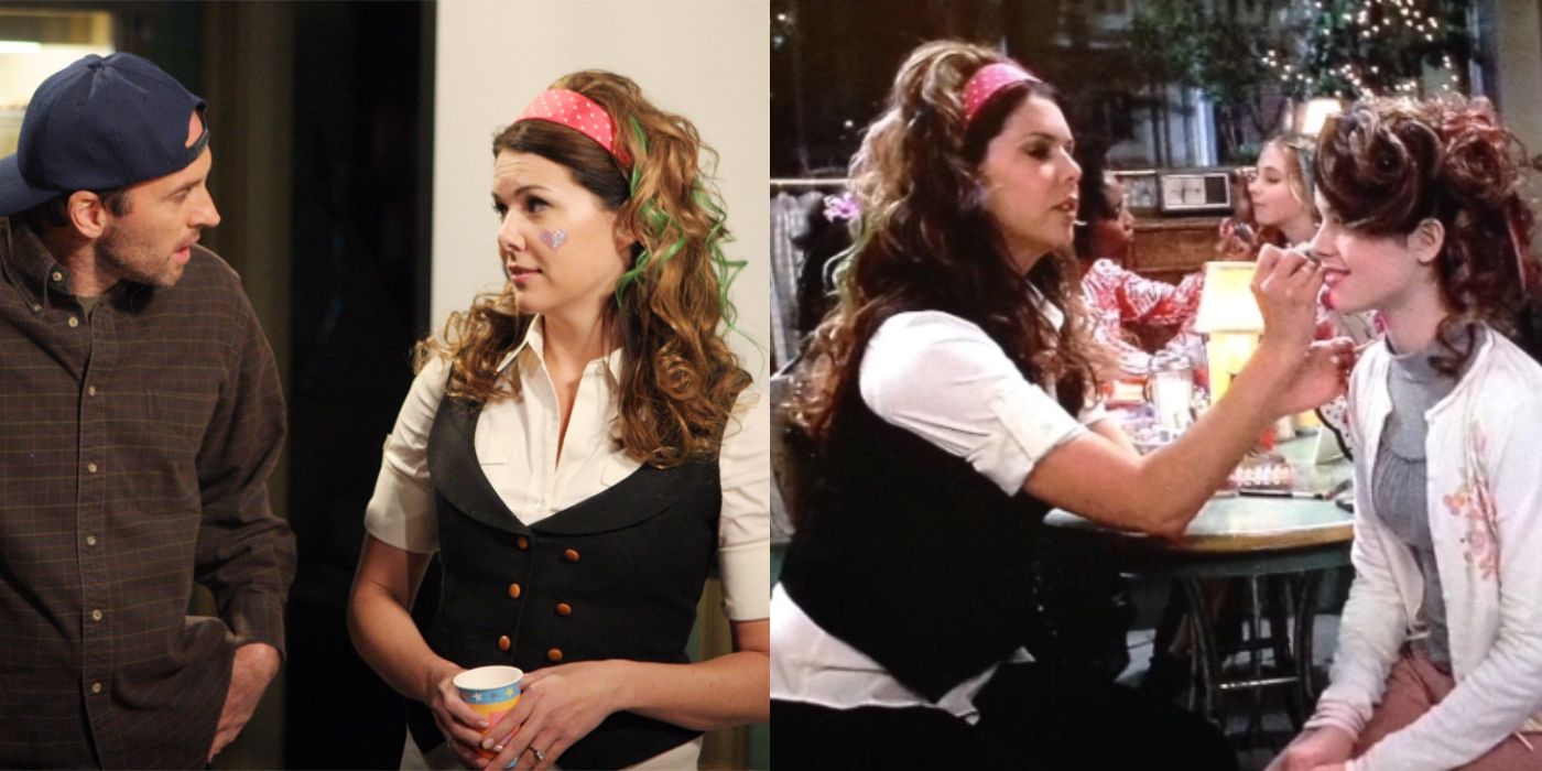 Split image of Luke and Lorelai and Lorelai and April at a birthday party on Gilmore Girls