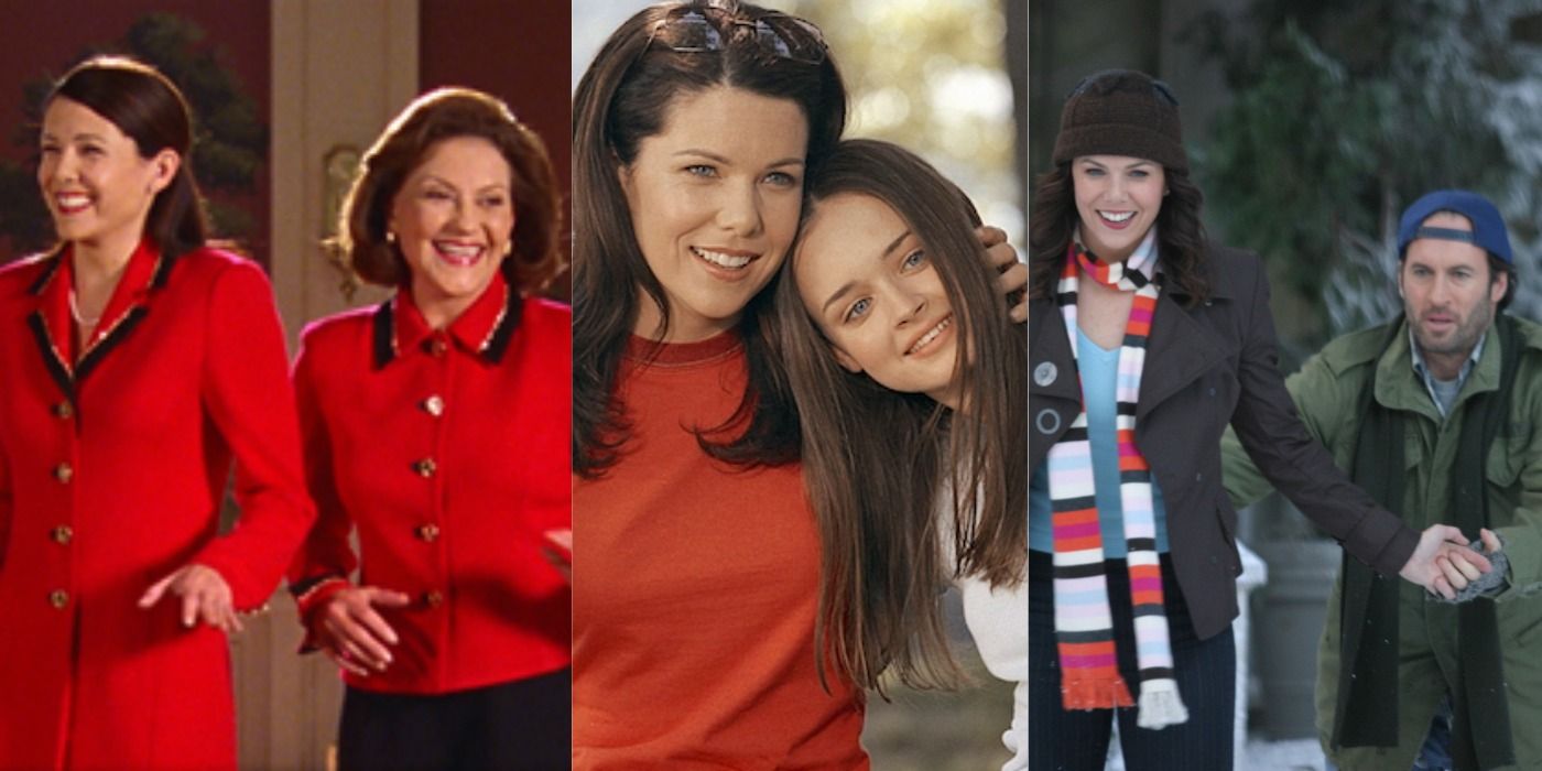 From Gilmore Girls: Lorelai and Emily dressed alike in red and dancing; Rory leaning on Lorelai's shoulder; Luke helping Lorelai across the snow