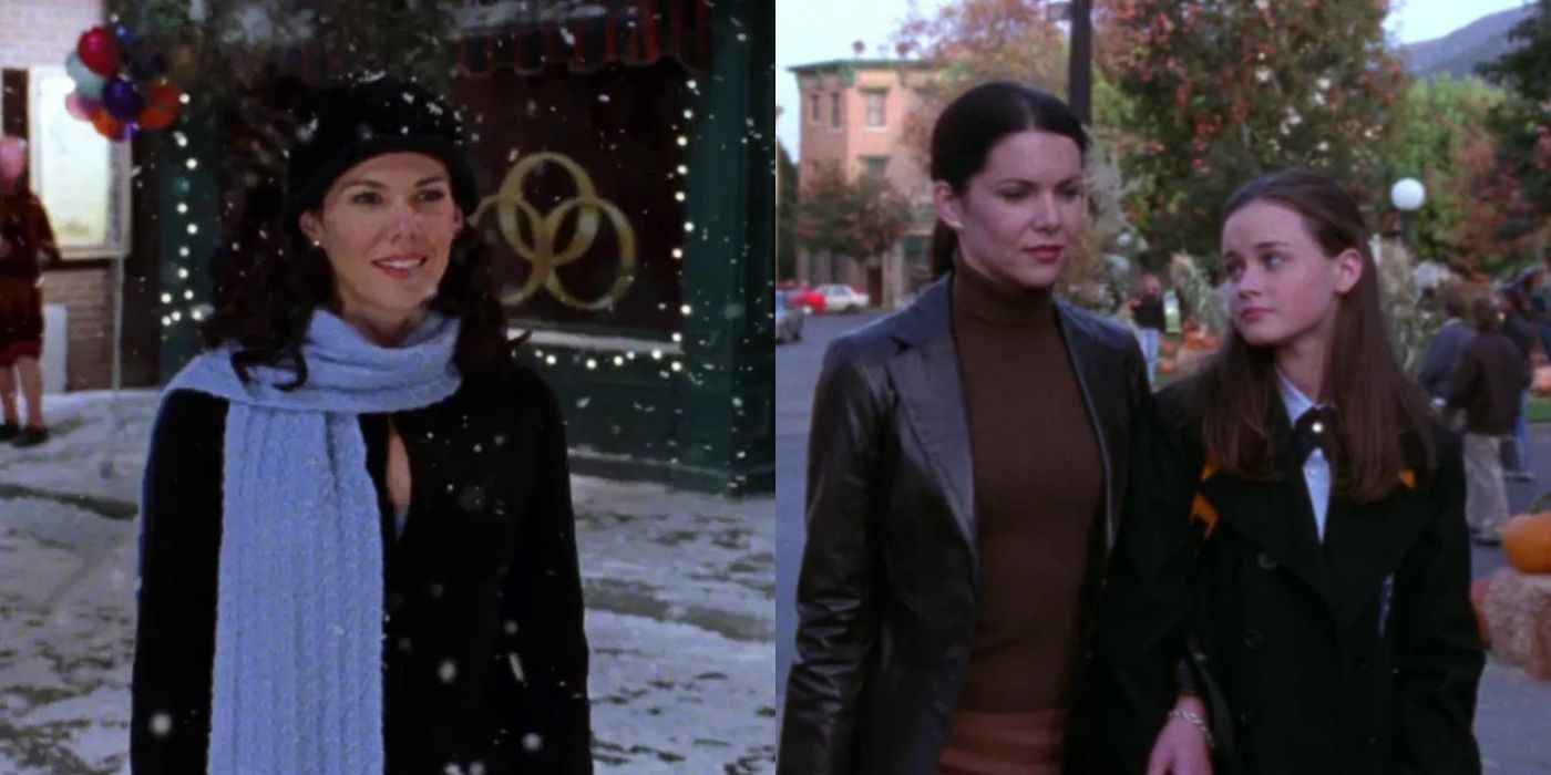 Lorelai standing in the snow in Stars Hollow and Lorelai and Rory walking through their town Gilmore Girls Featured Image