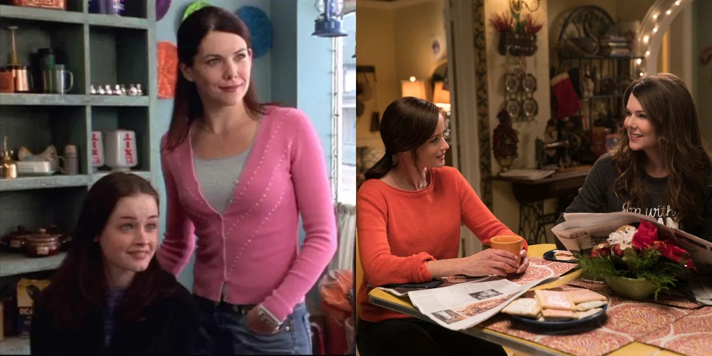Rory and Lorelai at Luke's diner in the Gilmore Girls pilot and Rory and Lorelai sitting at the kitchen table Gilmore Girls: A Year In The Life, Gilmore Girls featured image