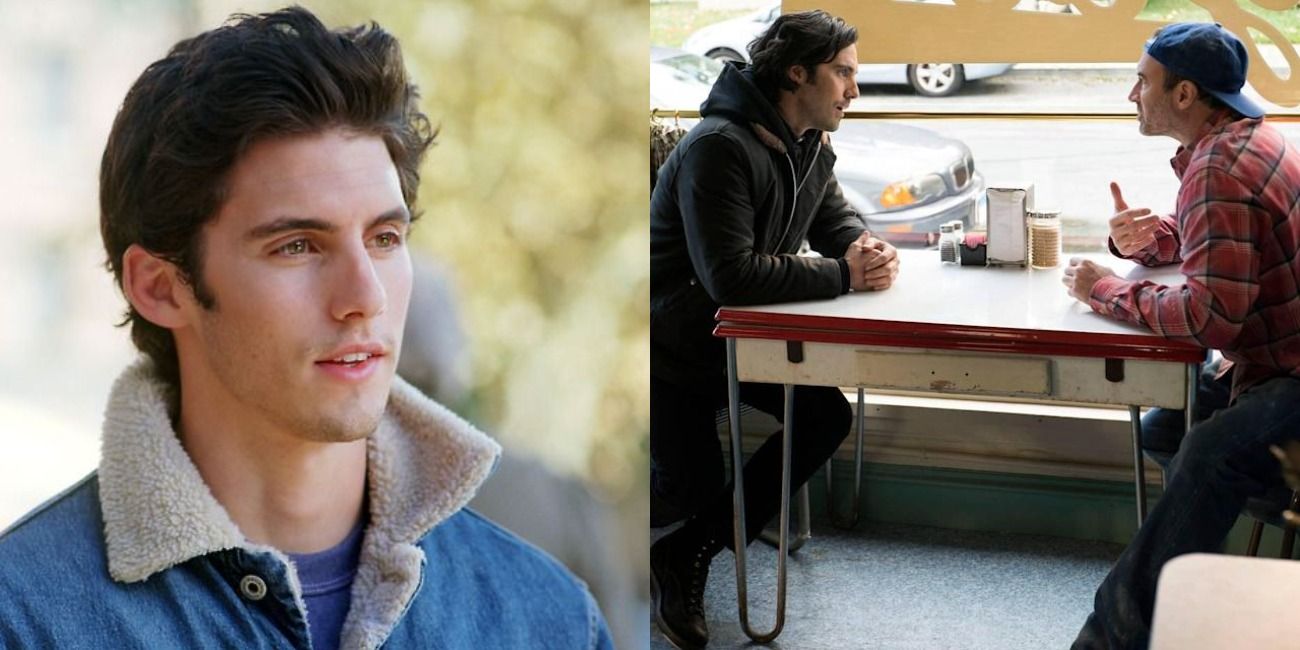 On Gilmore Girls, close up of handsome Jess in denim jacket; Jess and Luke in discussion at a diner table