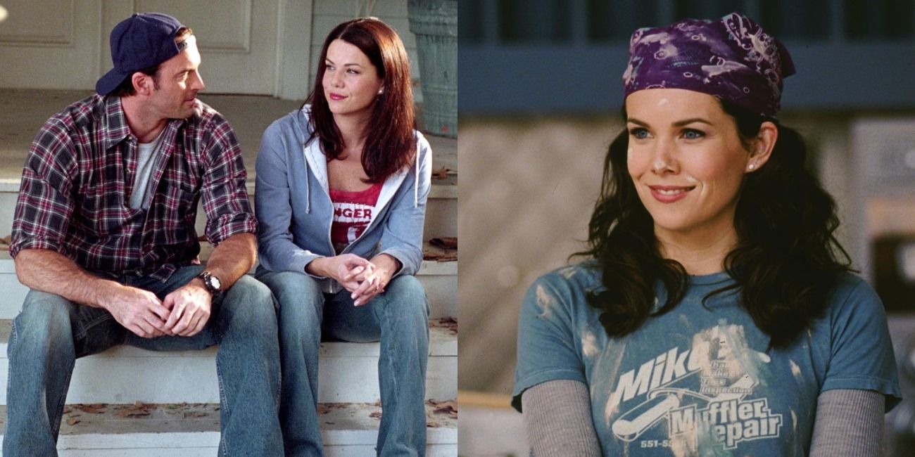 On Gilmore Girls, Luke and Lorelai sitting on steps smiling at each other; close up of Lorelai with bandana on her head 