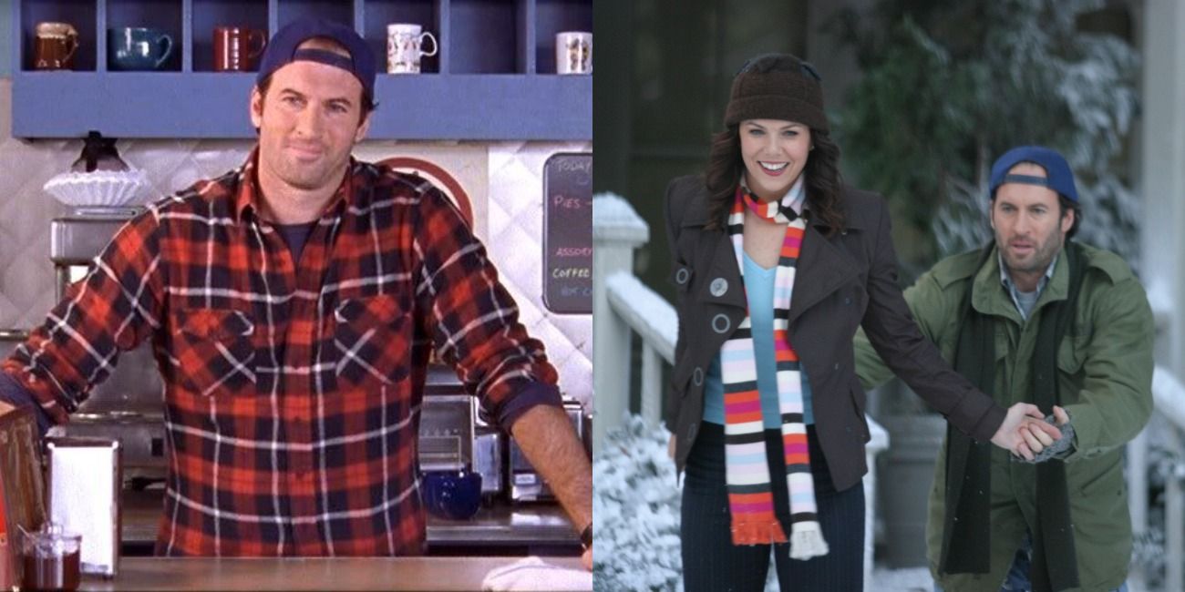 On Gilmore Girls, Luke behind the counter at the diner; Luke helping Lorelai over the snow