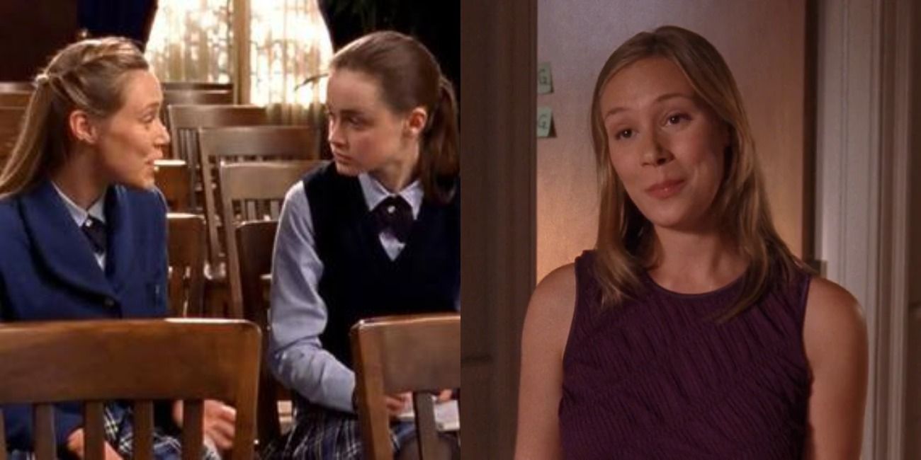 On Gilmore Girls, Paris and Rory in their Chilton uniforms; Paris smiling