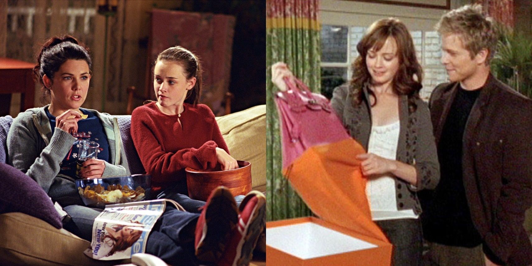 Lorelai and Rory Gilmore at their home; Rory and Logan (Matt Czuchry) looking at a Birkin bag in &quot;Gilmore Girls.&quot;