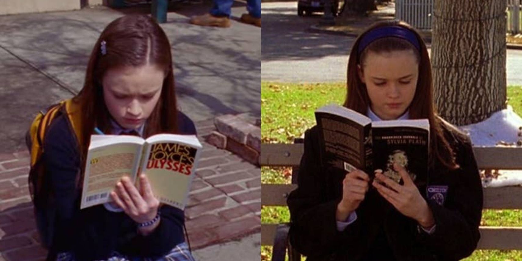 Split image of Rory Gilmore reading on Gilmore Girls