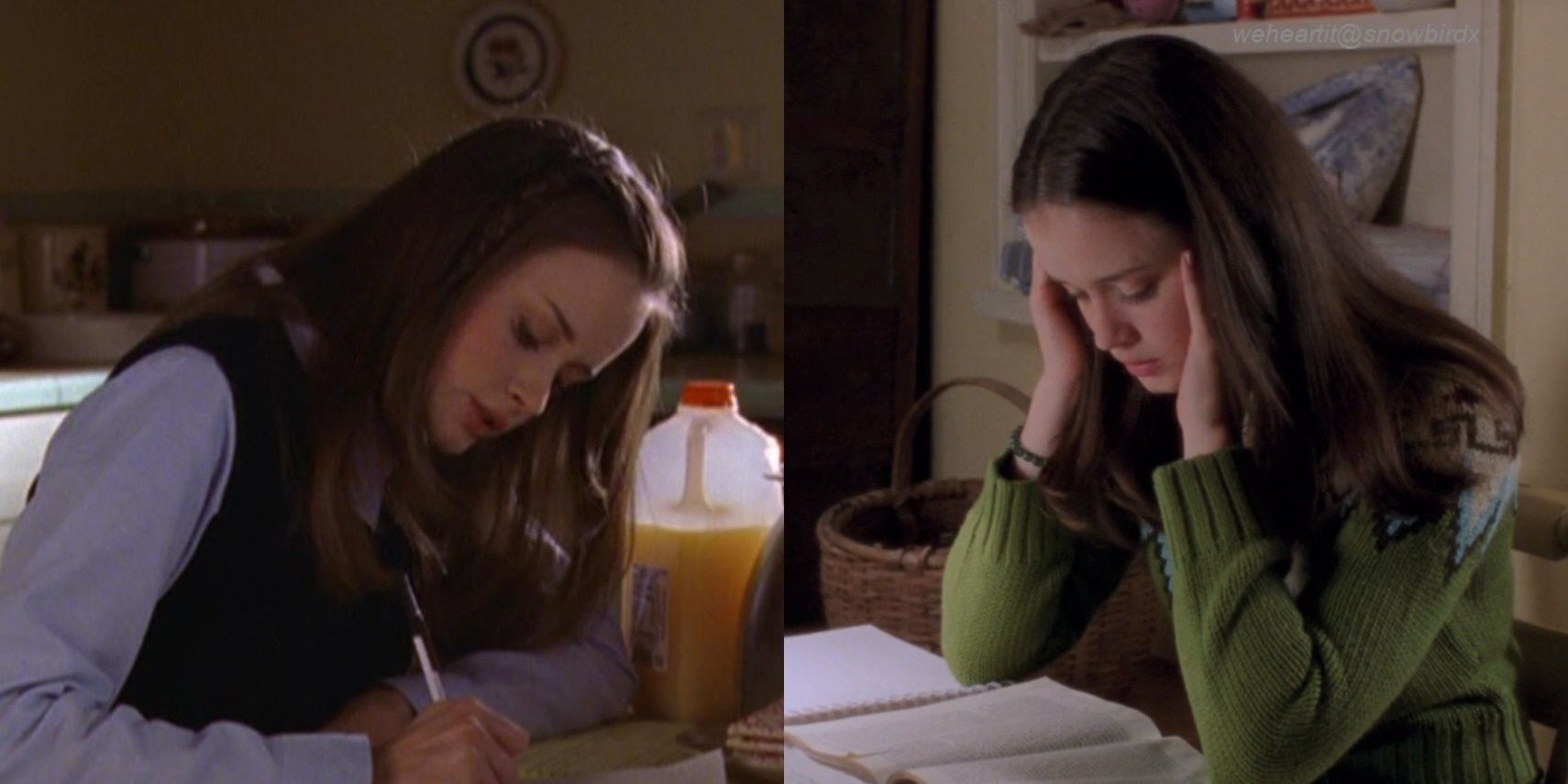 Imagem dividida de Rory estudando em Gilmore Girls