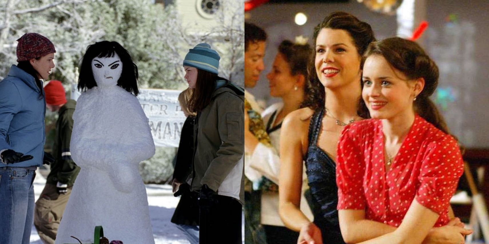 Lorelai and Rory Gilmore building a snowman; Lorelai and Rory participating in the 24-hour dance marathon in &quot;Gilmore Girls.&quot;