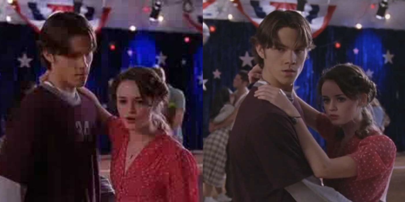 Split image of Rory and Dean dancing at the marathon on Gilmore Girls