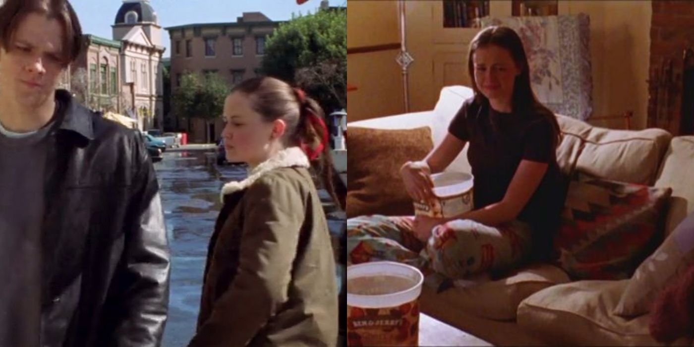Split image of Rory looking at Dean and Rory crying on the couch on Gilmore Girls