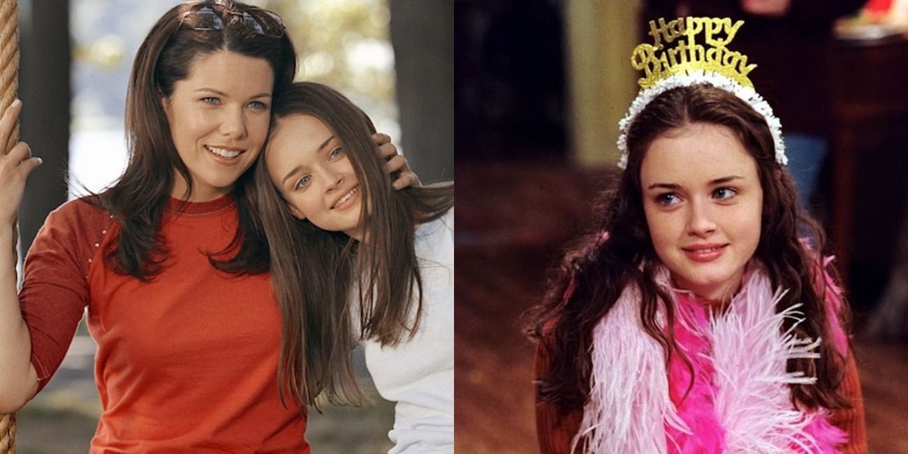 On Gilmore Girls, Rory leaning on Lorelai's shoulder; Rory in pink with a Happy Birthday crown on
