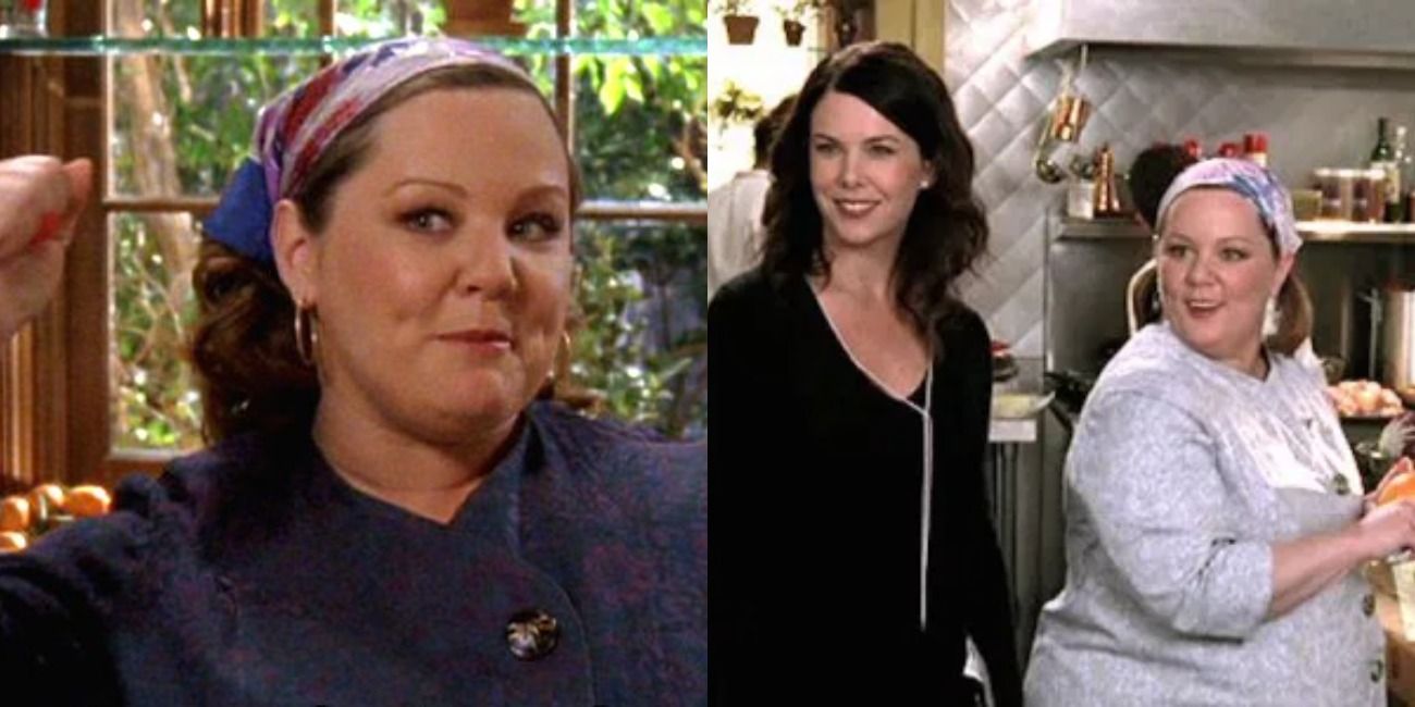 On Gilmore Girls, Sookie smiling in a comedic way; Lorelai and Sookie in the kitchen