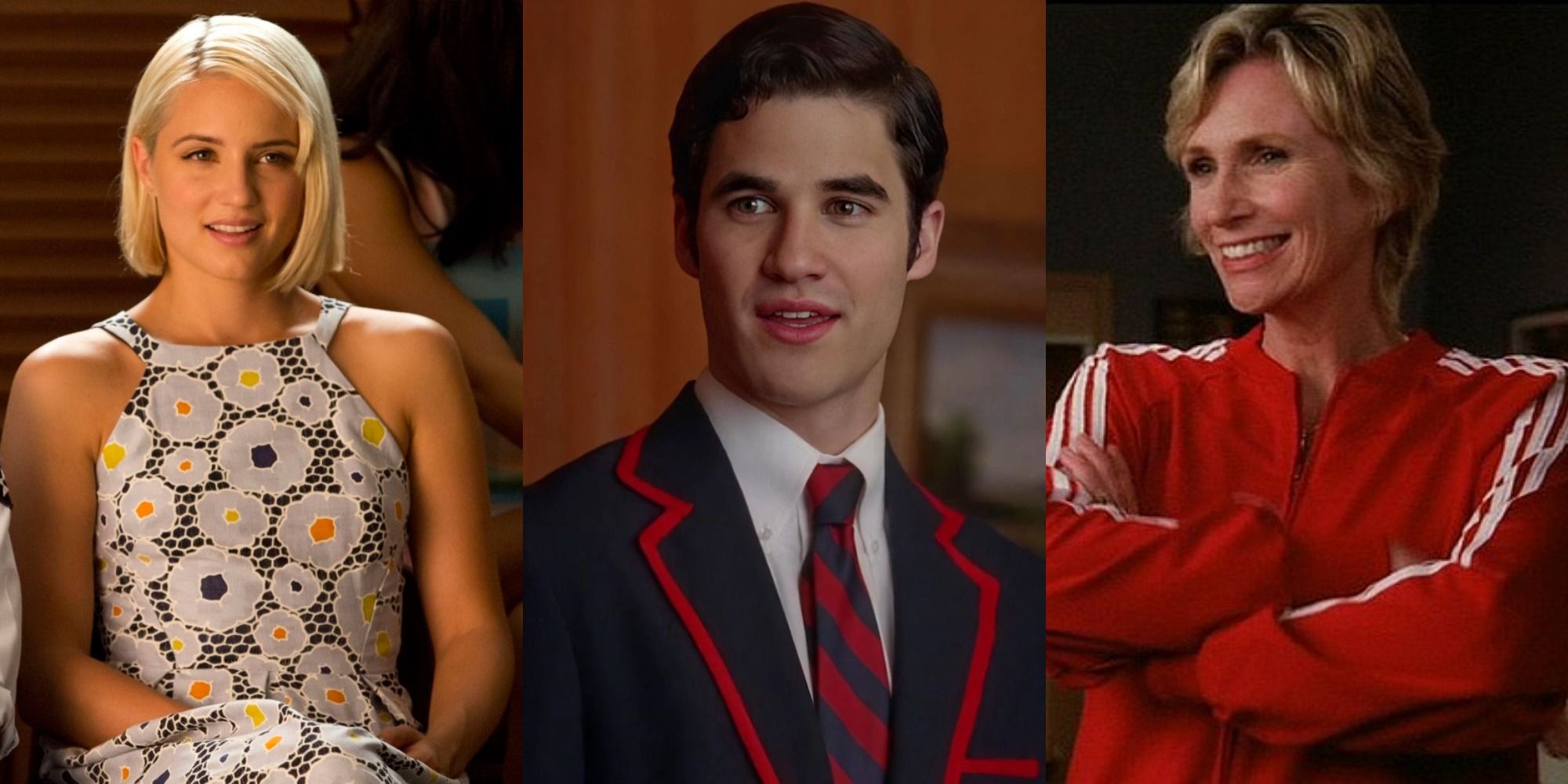 Split image depicting three of Glee's main characters: Quinn, Blaine, and Sue
