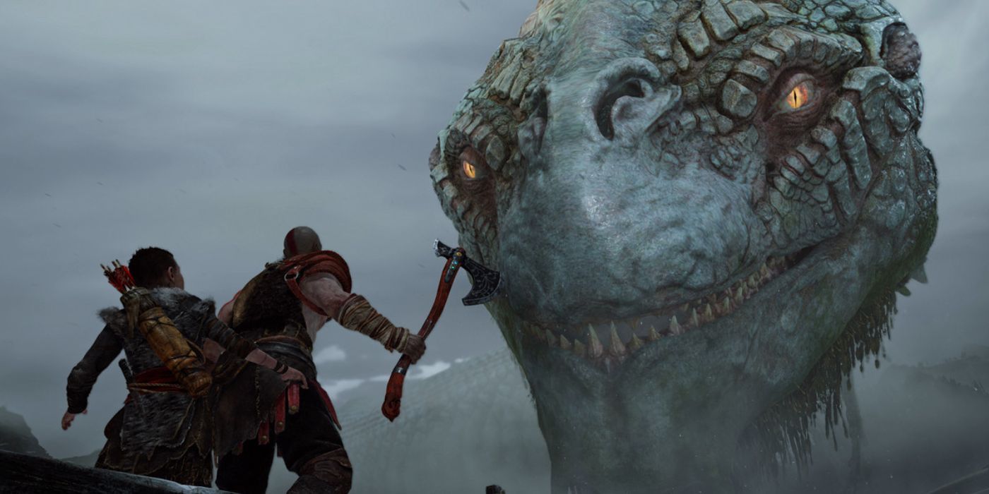 Kratos and Atreus confronting a giant beast in God Of War