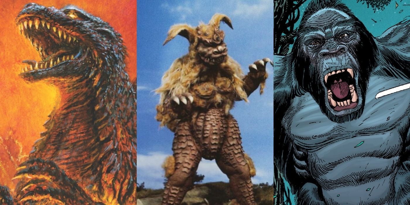 Split side-by-side images of Godzilla and King Kong