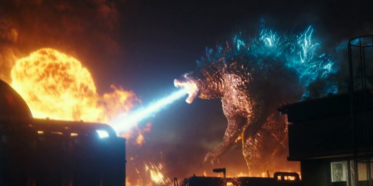 Godzilla uses his atomic breath of the Apex Cybernetics facility in Pensicola Florida