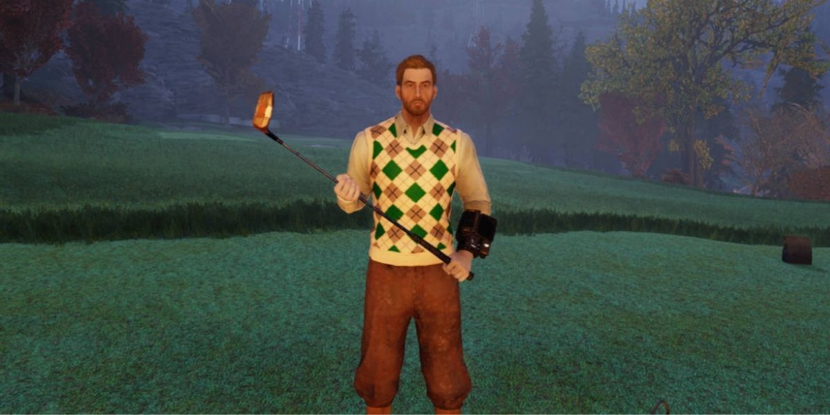 Male character in a golf course wearing the golf outfit in Fallout 76
