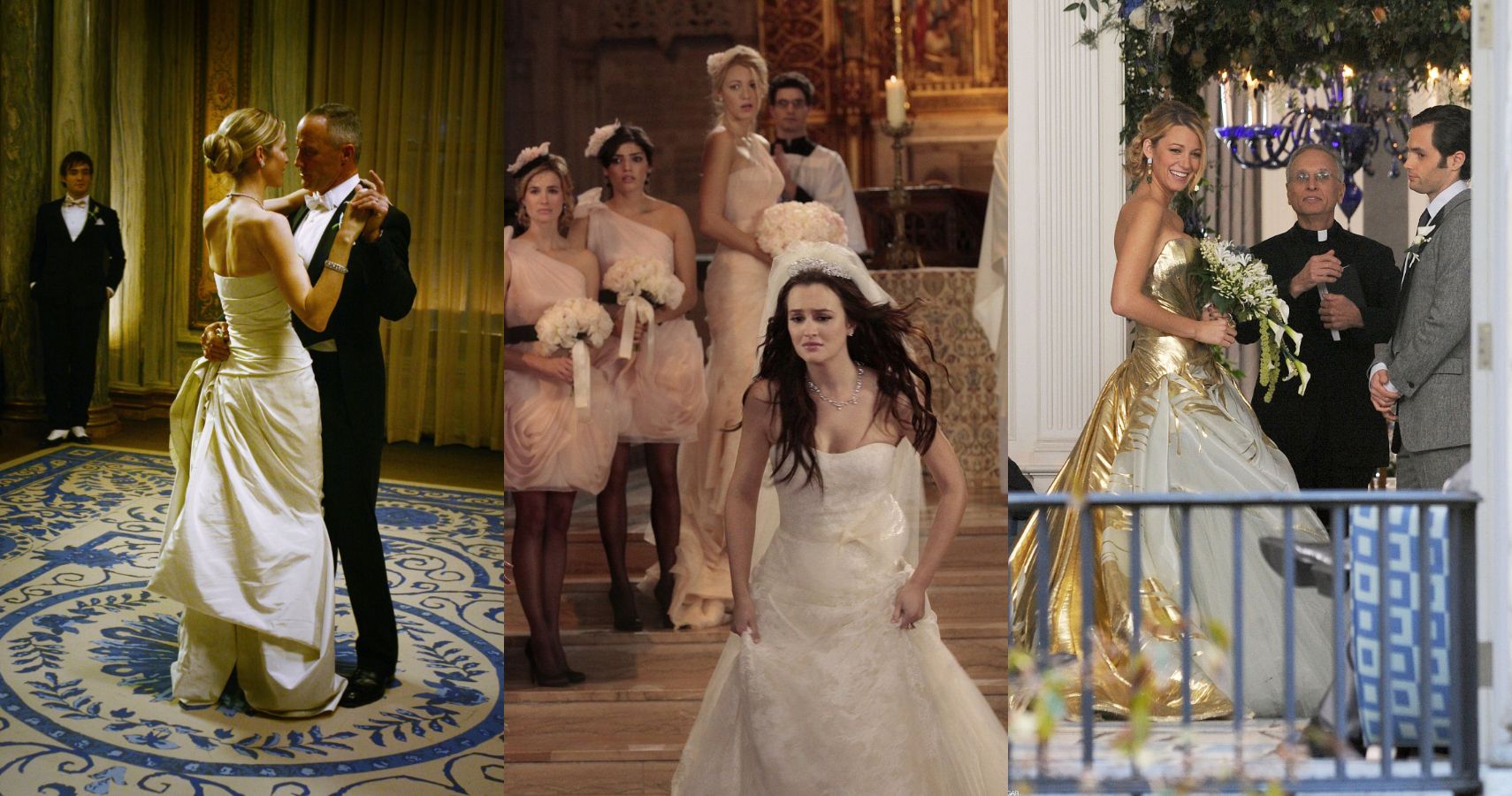 Split image of Lily and Bart dancing at their wedding, Blair running from the altar, and Serena and Dan at their wedding