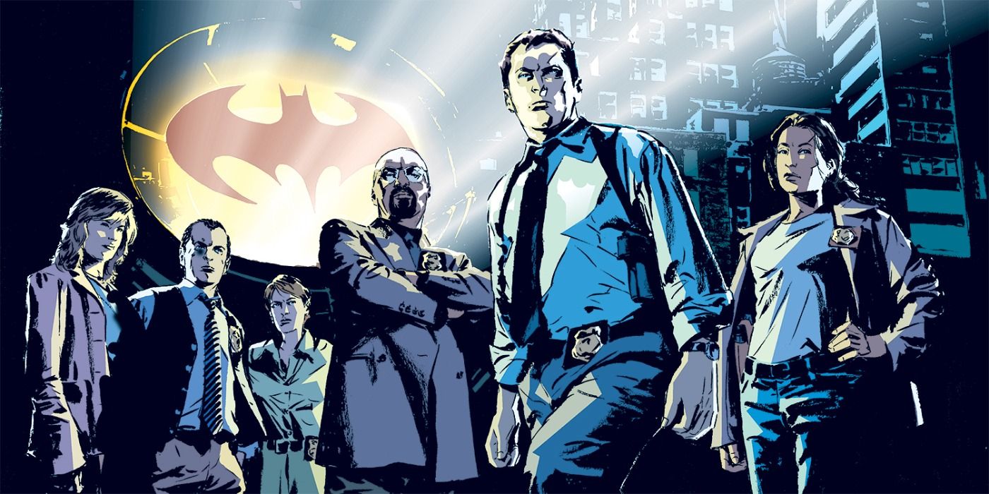 Arte de Gotham Central apresentando oficiais do GCPD por Michael Lark, escrita por Ed Brubaker e Greg Rucka
