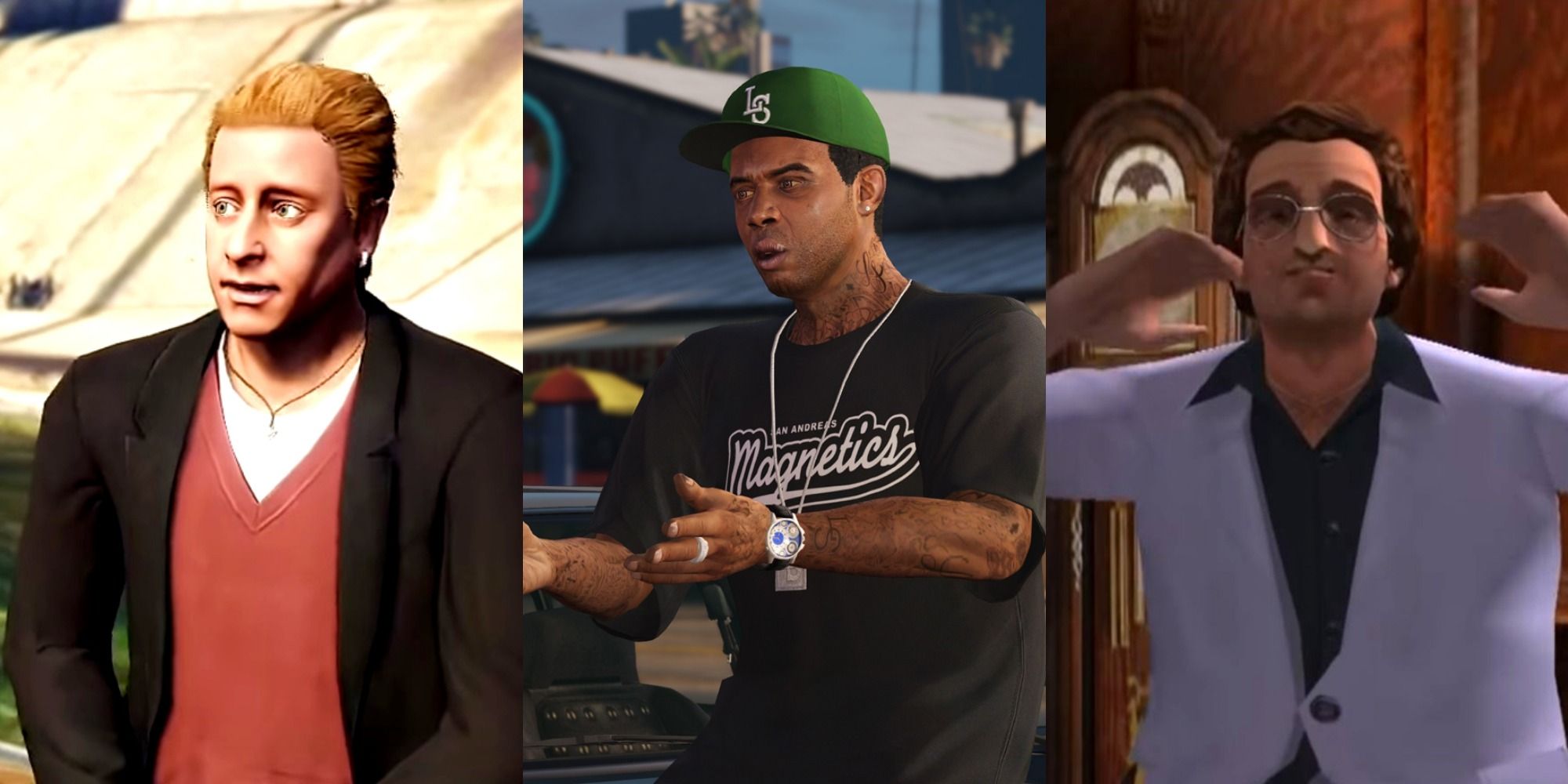Split image of Lazlow, Lamar, and Ken from Grand Theft Auto