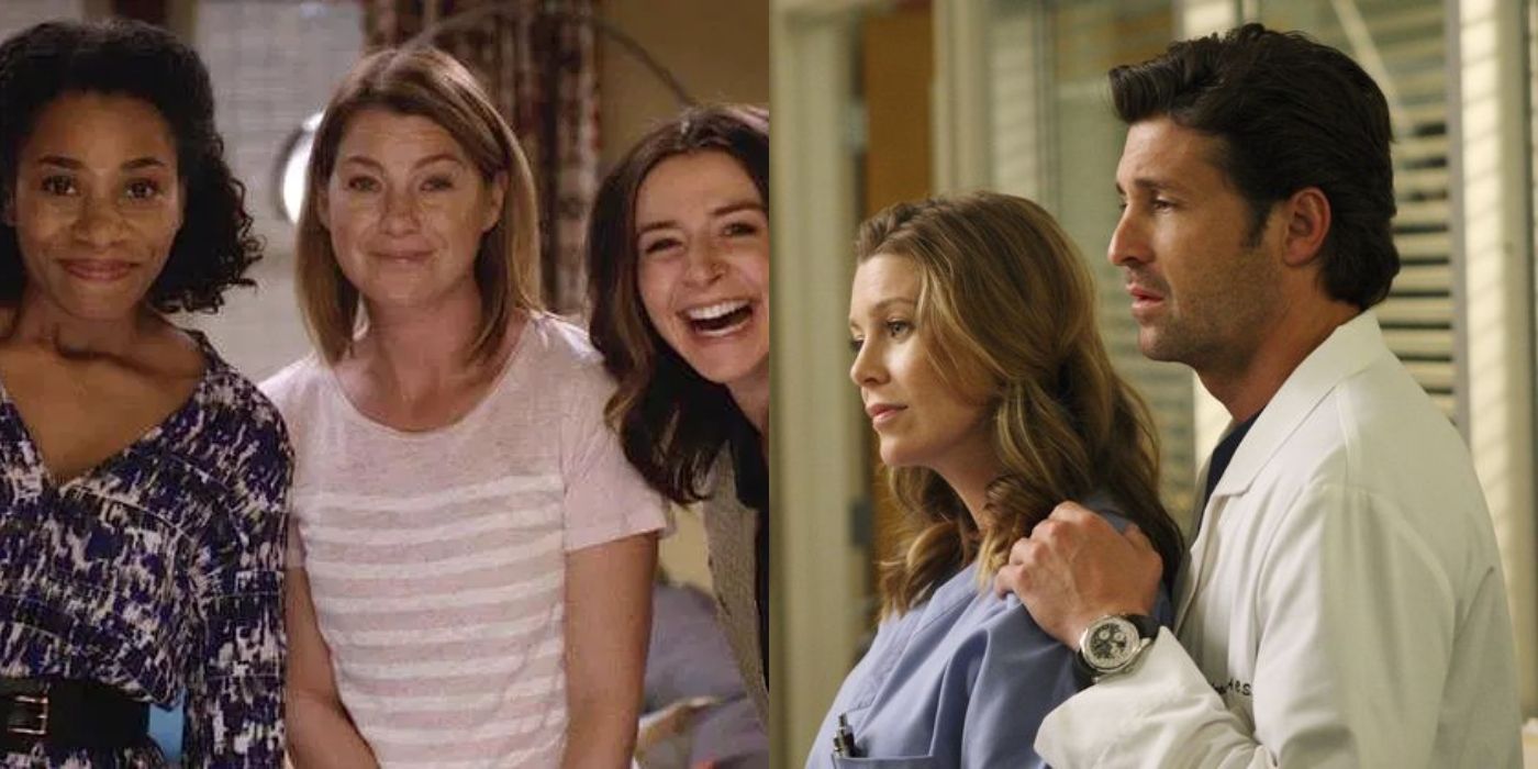 Maggie Meredith and Amelia laughing and Derek standing with his hand on Meredith's shoulder Grey's Anatomy featured image