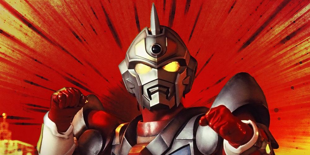 Gridman posing against a red background as part of promo for the 1993 tokusatsu series