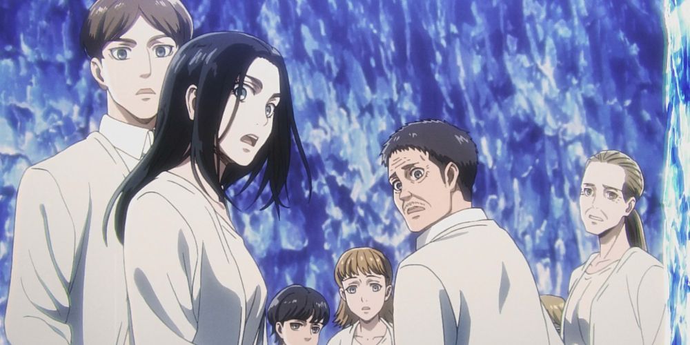 Grisha and the Reiss family look shocked at something offscreen in Attack on Titan.
