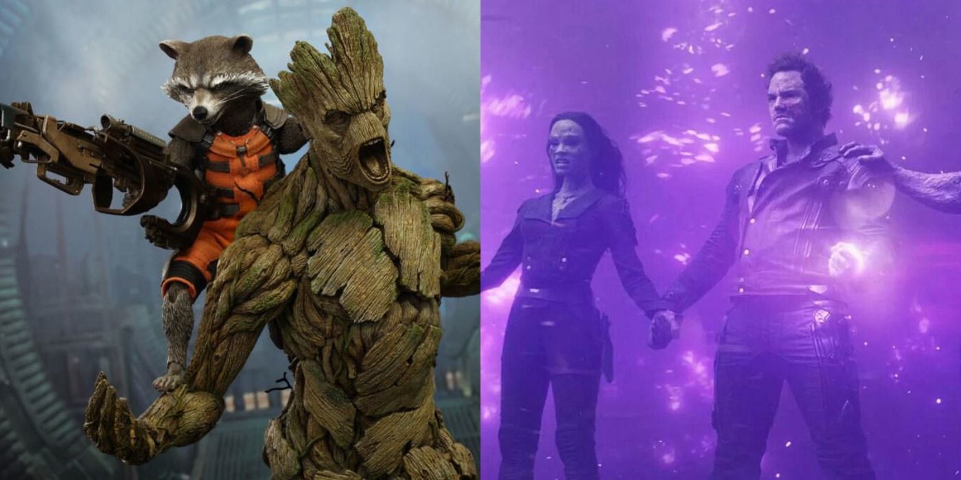 Rocket with gun on a roaring Groot's shoulder/Gamora and Peter holding hands, combining power of orb