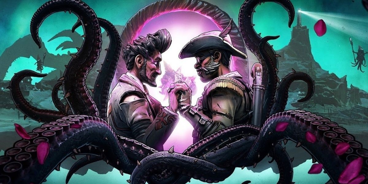 Two men holding hands surrounded by tentacles in the Borderlands DLC.