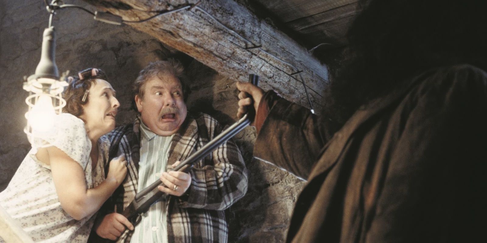 Hagrid bends the Durseleys shotgun in Harry potter