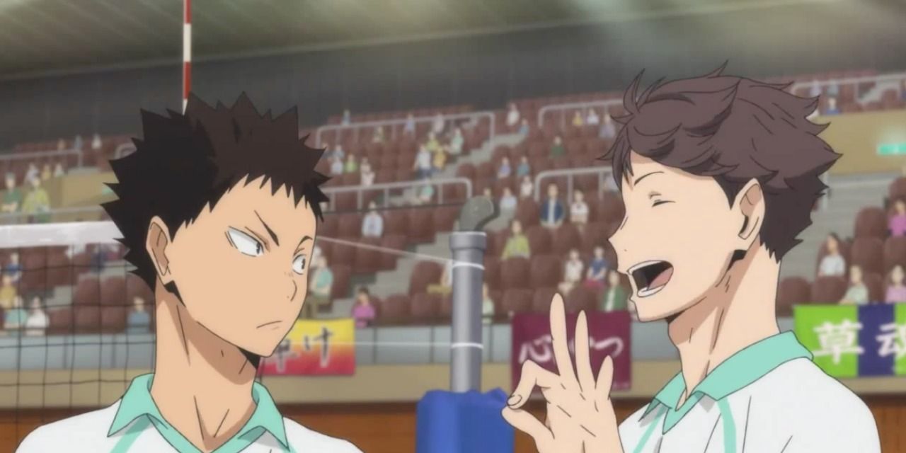 Two boys argue in a volleyball match in Haikyuu!!