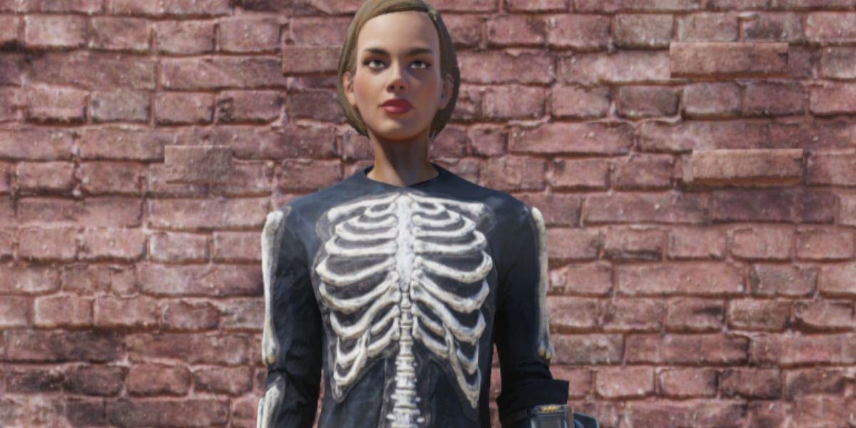 Character wearing a skeleton costume in Fallout 76
