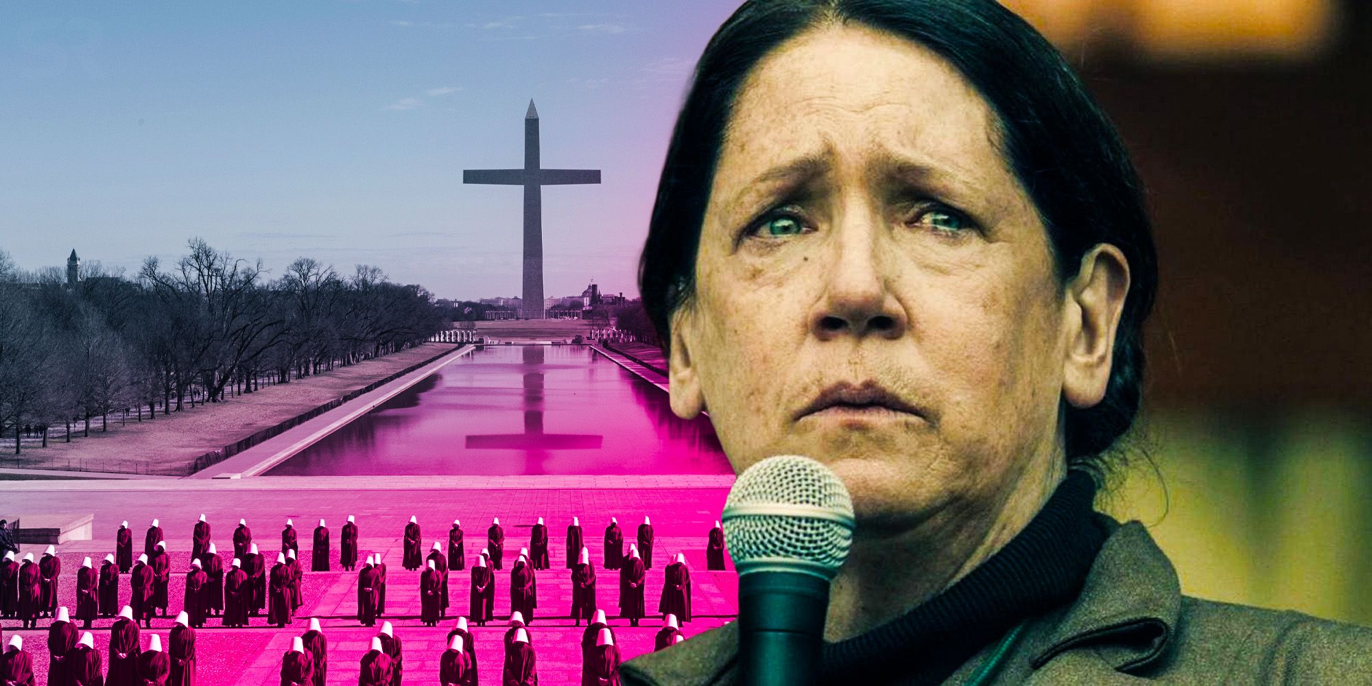 An image of Aunt Lydia looking upset and Handmaids standing in front of a cross