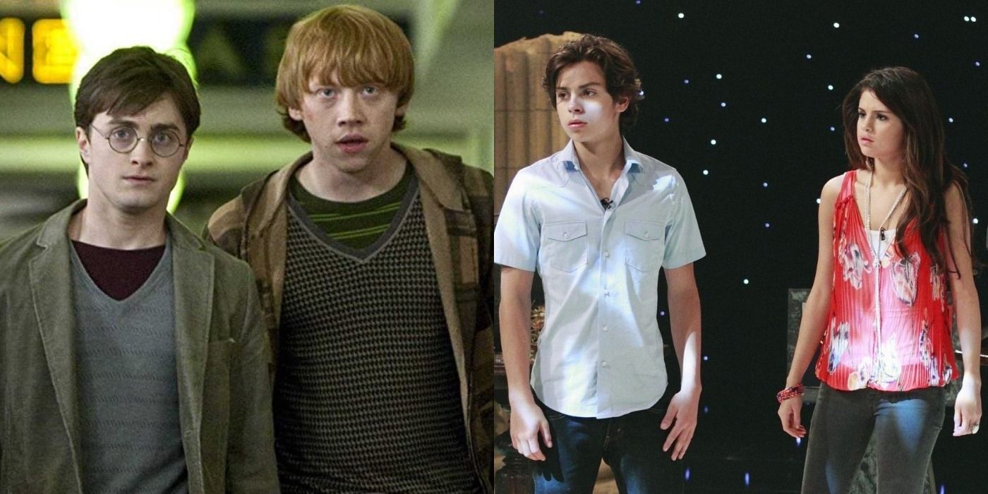 Split Image Harry Potter and the Deathly Hallows Part 1 Harry and Ron walk down the sidewalk after escaping Bill and Fleur's wedding, Wizards of Waverly Place Max and Alex at the Wizard Competition 
