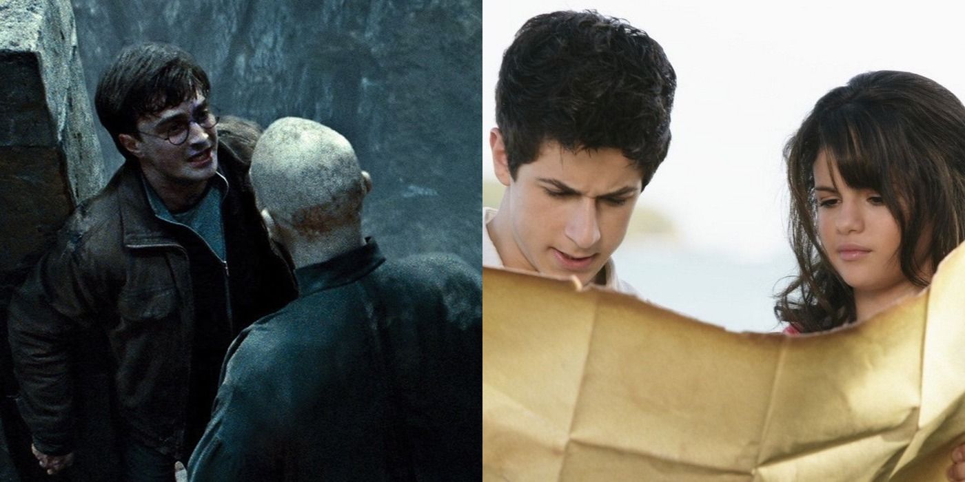 Split Image Harry Potter and the Deathly Hallows Part 2 Harry and Voldemort fight during the Battle of Hogwarts, Wizards of Waverly Place Justin and Alex read the map to the Stone of Dreams