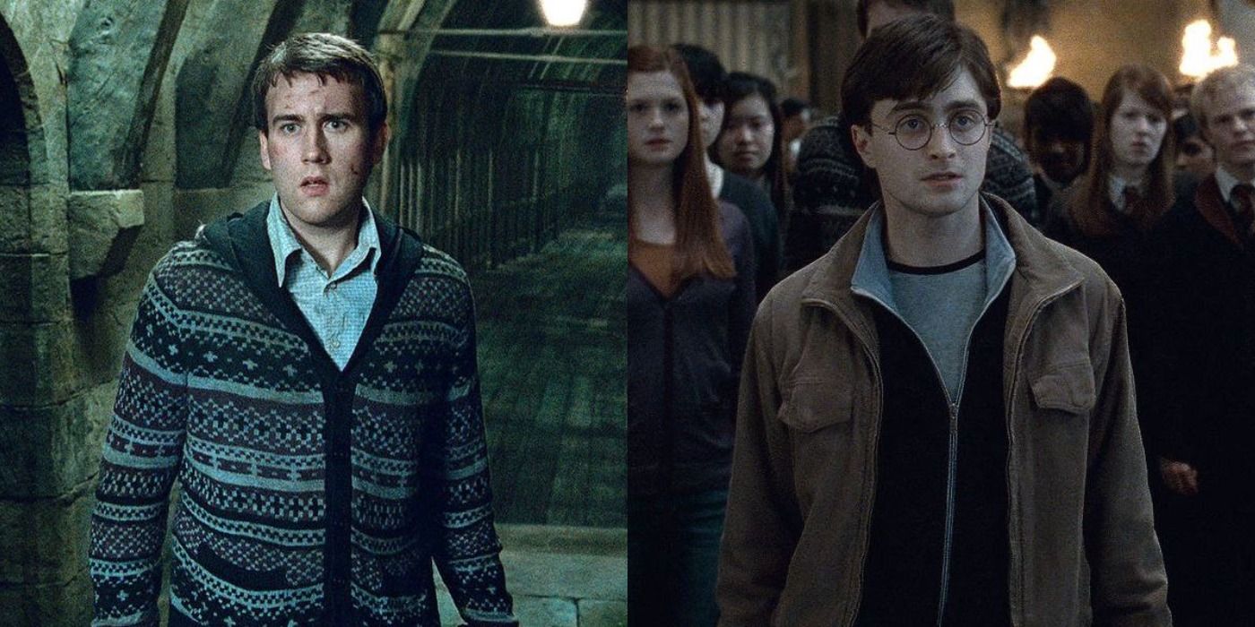 Split Image Harry Potter and the Deathly Hallows Part 2 Neville On The Bridge during the Battle of Hogwarts, Harry in the Great Hall during the Battle of Hogwarts