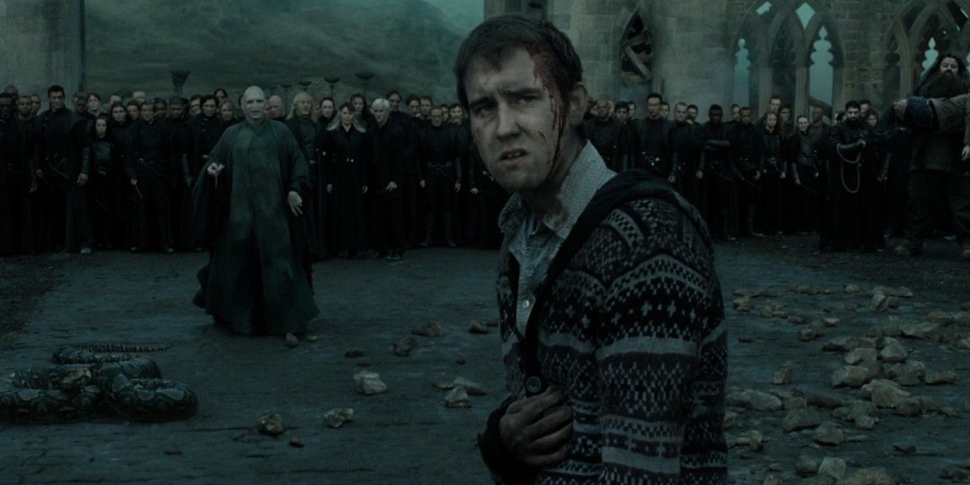 A bloodied Neville looking back in Harry Potter and the Deathly Hallows Part 2