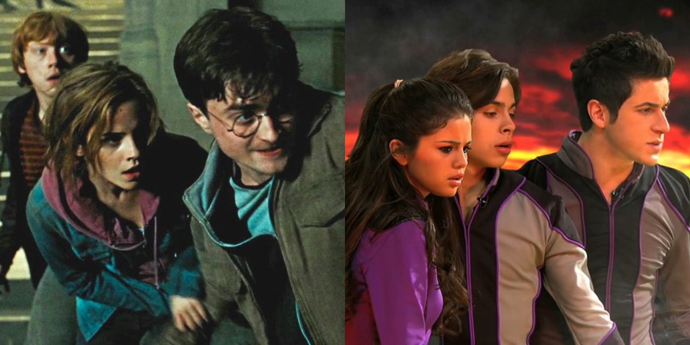 Harry Potter and the Deathly Hallows Part 2 Ron, Hermione, and Harry fight in the Battle of Hogwarts, Wizards of Waverly Place Alex, Max, and Justin compete in the Wizard Competition