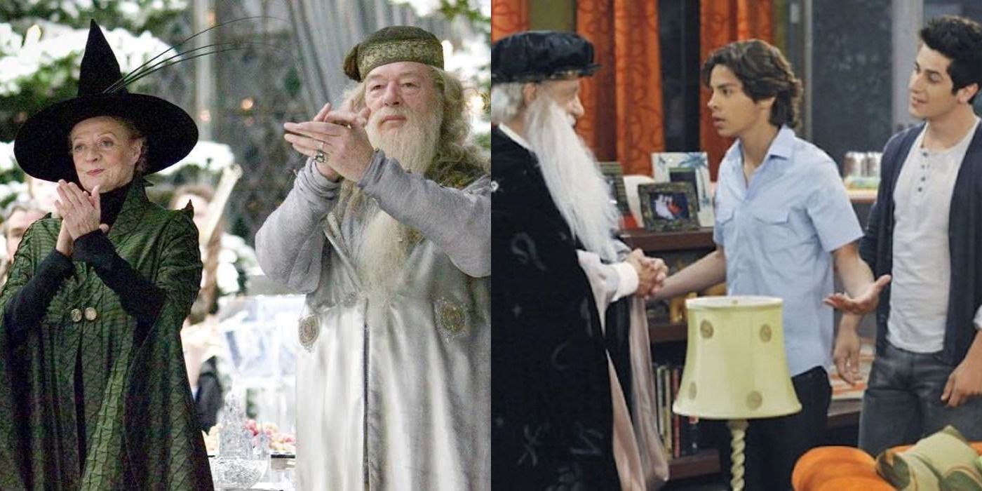 Split Image Harry Potter and the Goblet of Fire Professor McGonagall and DUmbledore at the Yule Ball, Wizards of Waverly Place Professor, Max, and Justin talk about the Wizard Competition