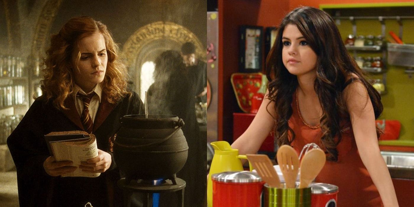 Split Image Harry Potter and the Half Blood Prince Hermione makes a potion, Wizards of Waverly Place Alex in the kitchen